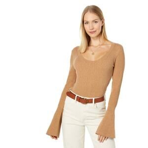 PAIGE MIMI BELL SLEEVE COTTON BLEND RIBBED BODYSUIT IN DARK CAMEL NWT SIZE SMALL